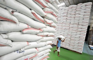 A worker carries a sack of rice at the National Food Authority warehouse in Quezon City, suburban Manila on July 27, 2010.  The Philippines, once the world's largest rice importer, is now overstocked with the grain and will sharply cut its importation, a senior government rice official said. Lito Banayo, recently-appointed head of the government's National Food Authority (NFA), said there had been excess importation of the grain and hinted that corruption may be involved. AFP PHOTO/NOEL CELIS