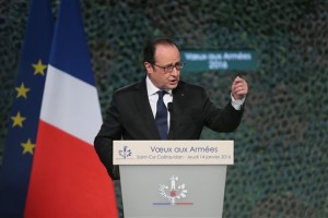 French President Francois Hollande presents his New Year wishes to the French Army at the Saint-Cyr Coetquidan Officers School in Guer, western France, Thursday, Jan. 14, 2016 (AP Photo/David Vincent)