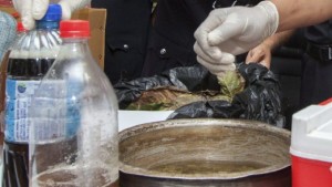 TANAH MERAH, 18 Jan -- Ketua Polis Daerah Tanah Merah, DSP Suzaimi Mohamad (tiga kanan) bersama pegawai-pengawainya menunjukkan air ketum dan barang-barang yang dirampas pada sidang akhbar di Ibupejabat Polis Daerah Tanah Merah, Isnin.--fotoBERNAMA (2016) HAK CIPTA TERPELIHARA