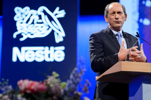 Nestle's CEO Paul Bulcke speaks during the general meeting of the world's biggest food and beverage company, Nestle Group, in Lausanne, Switzerland, Thursday, April 7, 2016. (KEYSTONE/Laurent Gillieron)
