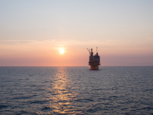 Sunrise at an offshore oil platform on the North Sea, in the Norwegian sector