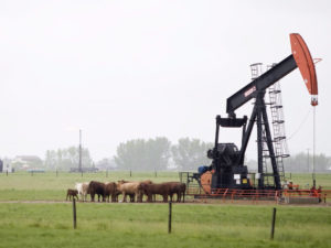 A service rig, left, and a pumpjack in an oilfield outside of Weyburn, Sask., on June 8, 2009. With almost 150 countries, including Canada, poised to sign the Paris climate agreement at the end of this week in New York, some of the world's biggest oil companies aren't convinced there's any end in sight for fossil fuel use. THE CANADIAN PRESS/Troy Fleece ORG XMIT: CPT112
