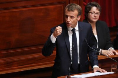 French President Emmanuel Macron addresses of a special congress gathering both houses of Parliament (National Assembly and Senate) at the congress hemicycle room in the Palace of Versailles, outside Paris, on July 9, 2018.
The French President will gather French Parliament at the opulent Versailles Palace today for what has become an annual address on his plans for overhauling wide swathes of French society and institutions. / AFP PHOTO / ludovic MARIN
