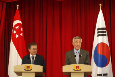 South Korea President Moon Jae-in, left, and Singapore Prime Minister Lee Hsien Loong hold a press conference at the Istana Presidential Palace in Singapore, Thursday, July 12, 2018. Moon is on a three-day visit to Singapore. (Wallace Woon/Pool Photo via AP)