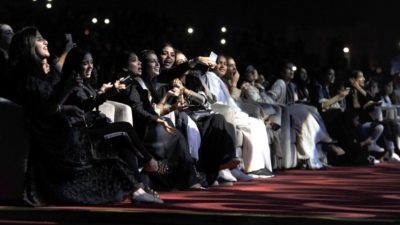 Saudi women take selfies as they attend a concert by Egyptian pop sensation Tamer Hosny in the western city of Jeddah on March 30, 2018.
Thousands of fans were taken by surprise when tickets for Hosny's first-ever Saudi concert came with the edict that dancing was "strictly prohibited".
 / AFP PHOTO / Amer HILABI