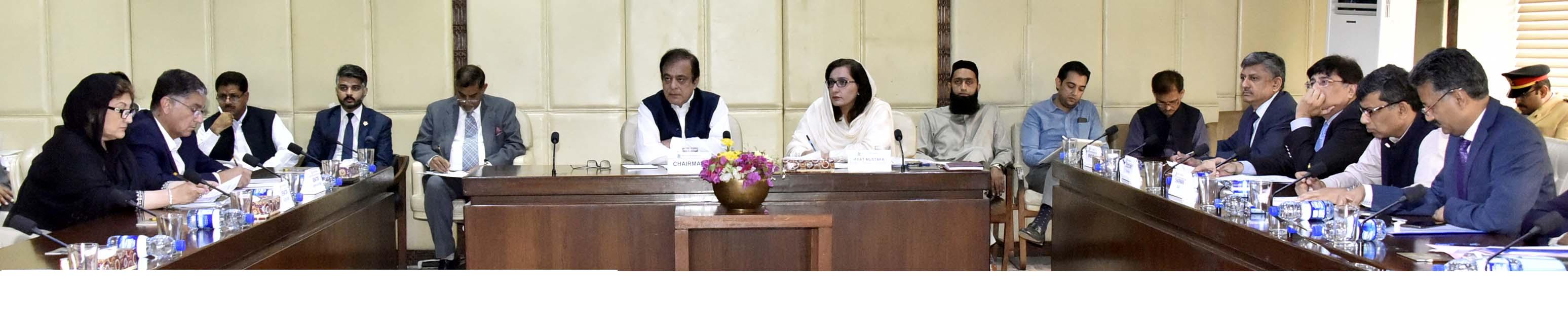 SENATOR SYED SHIBLI FARAZ, CHAIRMAN SENATE STANDING COMMITTEE ON COMMERCE AND TEXTILE INDUSTRY PRESIDING OVER A MEETING OF THE COMMITTEE AT PARLIAMENT HOUSE ISLAMABAD ON SEPTEMBER 27, 2018.