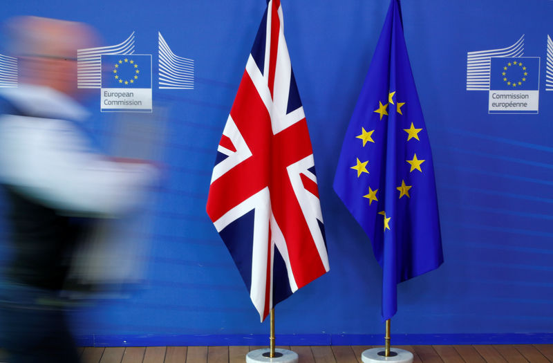 FILE PHOTO - British and EU flags are seen prior to the arrival of British Prime Minister Theresa May and European Commission President Jean-Claude Juncker, ahead of the European Union leaders summit in Brussels, Belgium October 17, 2018. REUTERS/Francois Lenoir