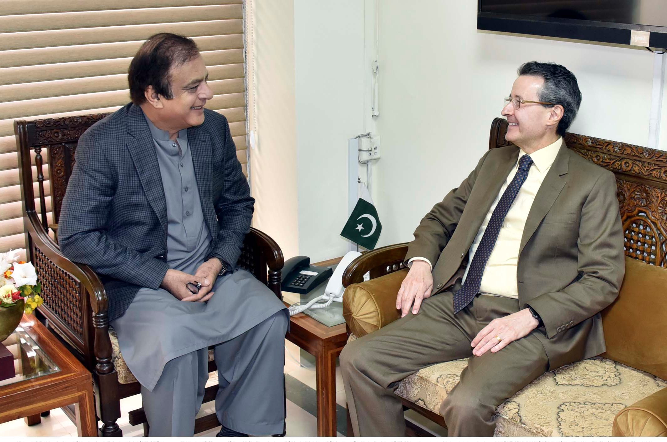 LEADER OF THE HOUSE IN THE SENATE, SENATOR SYED SHIBLI FARAZ EXCHANGING VIEWS WITH MR. CLAUDIO LINS,AMBASSADOR  OF BRAZIL IN PAKISTAN AT PARLIAMENT HOUSE ISLAMABAD ON NOVEMBER 14, 2018.