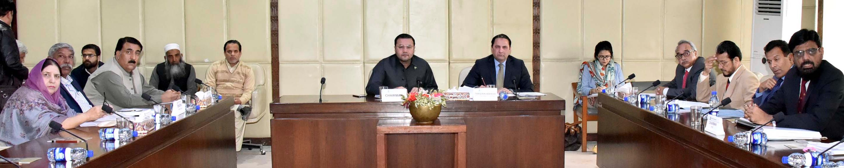 SENATOR AHMED KHAN, CHAIRMAN SENATE STANDING COMMITTEE ON INDUSTRIES AND PRODUCTION PRESIDING OVER A MEETING OF THE COMMITTEE AT PARLIAMENT HOUSE ISLAMABAD ON FEBRUARY 20, 2019.