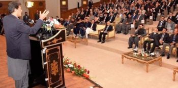 Prime Minister Imran Khan addressing the gathering during the Ceremony in PM Office Islamabad for distribution of Awards among Top Tax Payers of Pakistan, on February 20, 2019