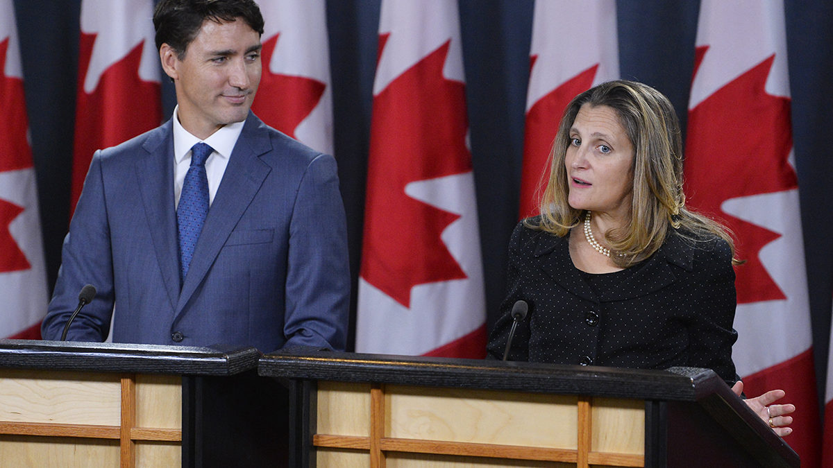Prime Minister Justin Trudeau and Foreign Affairs Minister Chrystia Freeland hold a press conference in Ottawa on Monday, October 1, 2018. iPolitics/Matthew Usherwood