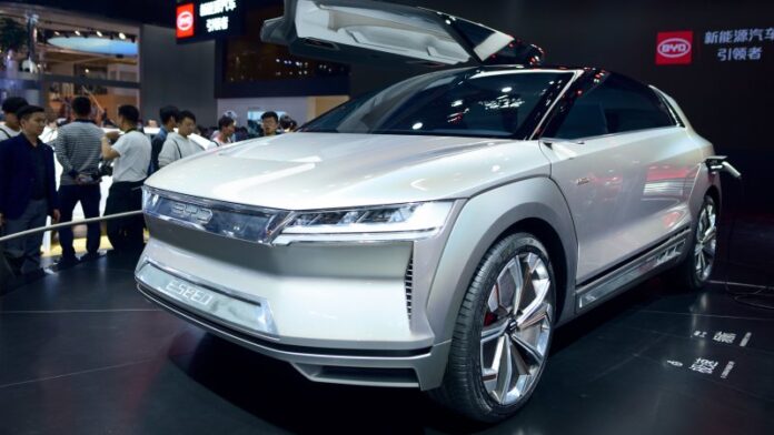 A BYD E.SEED Concept car is displayed at the Beijing auto show on April 26, 2018. - Global carmakers touted their latest electric and SUV models in Beijing as they warily welcomed China's promise of better foreign access to the world's largest auto market, where domestic vehicles are making major inroads. Industry behemoths like Volkswagen, Daimler, Toyota, Nissan, Ford and others are displaying more than 1,000 models and dozens of concept cars at the Beijing auto show. (Photo by WANG ZHAO / AFP)        (Photo credit should read WANG ZHAO/AFP/Getty Images)