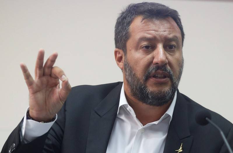FILE PHOTO: Italian Deputy PM Matteo Salvini gestures as he holds a news conference in southern Italy on a bank holiday as the government crisis continues, in Castel Volturno, Italy August 15, 2019. REUTERS/Ciro de Luca