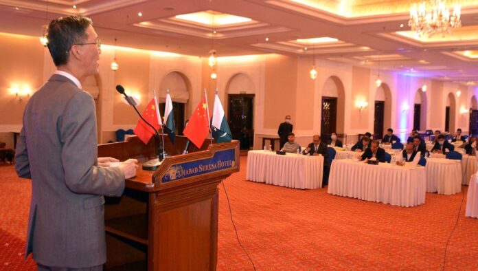 ISLAMABAD: Ambassador of China Yao Jing addressing during his farewell reception to media people organized by Embassy of China at local hotel. INP PHOTO by Shahid Raju