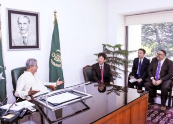 A three-member delegation, led by Mr. Masafumi Harano, the Asia Head of Suzuki Motors, calls on the Federal Minister for Commerce, Syed Naveed Qamar, at his chamber in Islamabad on June 16, 2023.