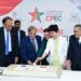 Prime Minister Muhammad Shehbaz Sharif, chargée d'affaires of the Chinese Embassy in Islamabad Ms Pang Chunxue, and Federal Ministers cutting a cake marking the 10th anniversary of the signing of the agreement for CPEC. Islamabad, July 5, 2023