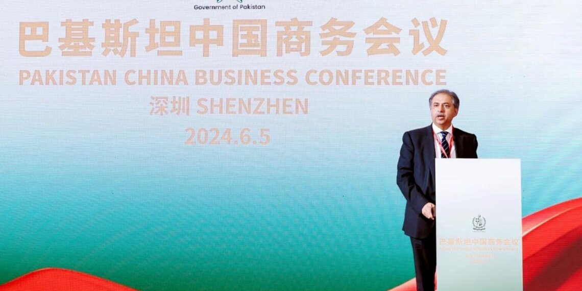 Federal Secretary for Maritime Affairs Syed Zafar Ali Shah briefing the Investors/business Community about Gwadar Free Zone in Pak China Business Conference in Shenzhen on June 7, 2024.