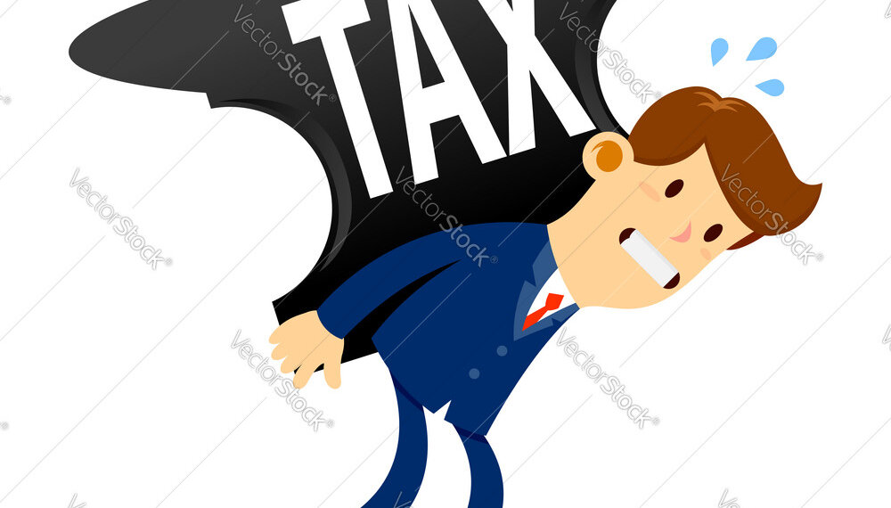 Vector stock of a businessman carrying huge anvil with tax word on it