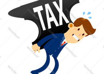 Vector stock of a businessman carrying huge anvil with tax word on it