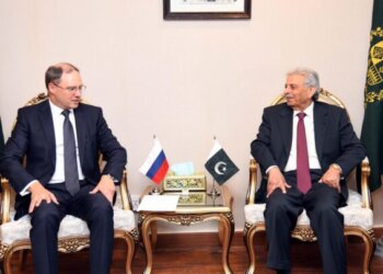 The Deputy Minister of Industry and Trade of Russian Federation Aleksei Gruzdev meets with Minister for Industries, Production and National Food Security Rana Tanveer Hussain in Islamabad on September 18, 2024.