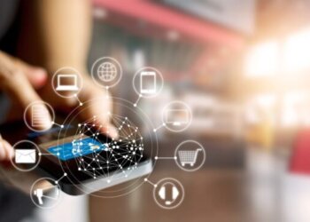 Man using mobile payments online shopping and icon customer network connection on screen, m-banking and omni channel
