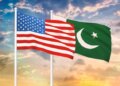 Relationship between the USA and the Pakistan. Two flags of countries on heaven with sunset. 3D rendered illustration.