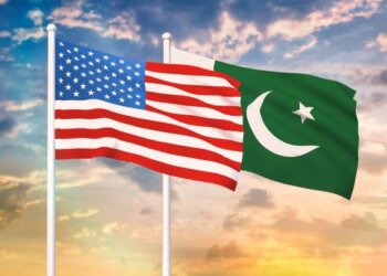 Relationship between the USA and the Pakistan. Two flags of countries on heaven with sunset. 3D rendered illustration.