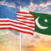 Relationship between the USA and the Pakistan. Two flags of countries on heaven with sunset. 3D rendered illustration.